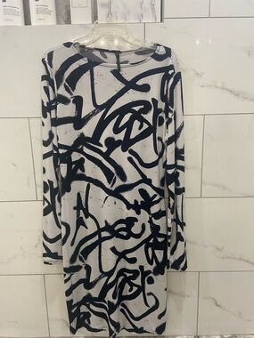 Black & White Abstract Print Long Sleeve Dress Sz XL
